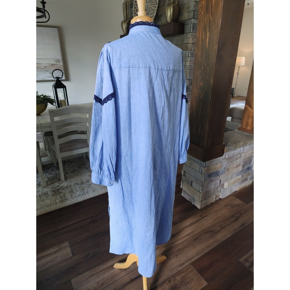 Tuckernuck Jolene Shirt Dress Blue Cotton Linen Lace Trim Pintuck Midi Dress XL - Picture 6 of 9